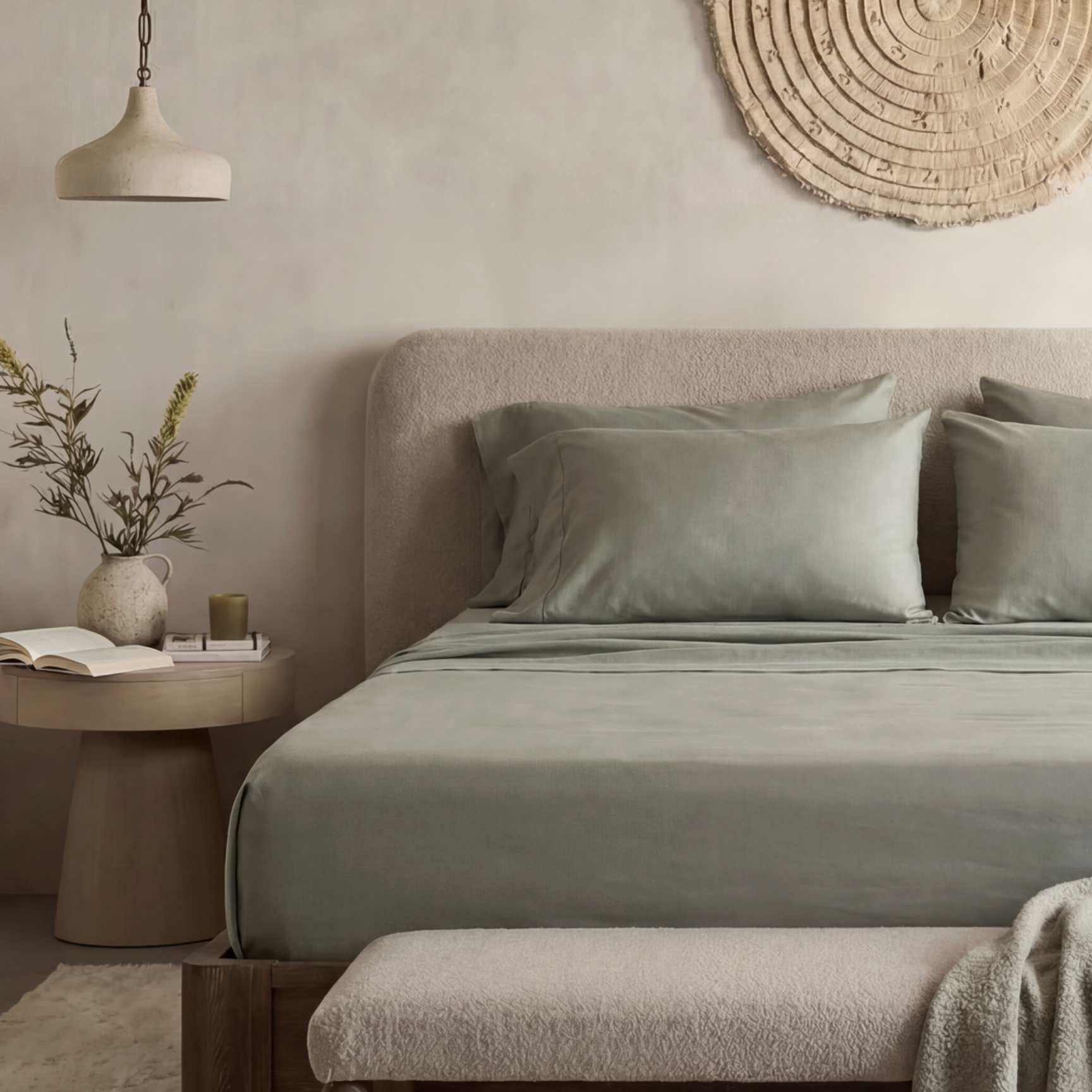 Educational hero image brief for Cooling Sheet Materials Guide with labeled bedding diagram and thermal arrows